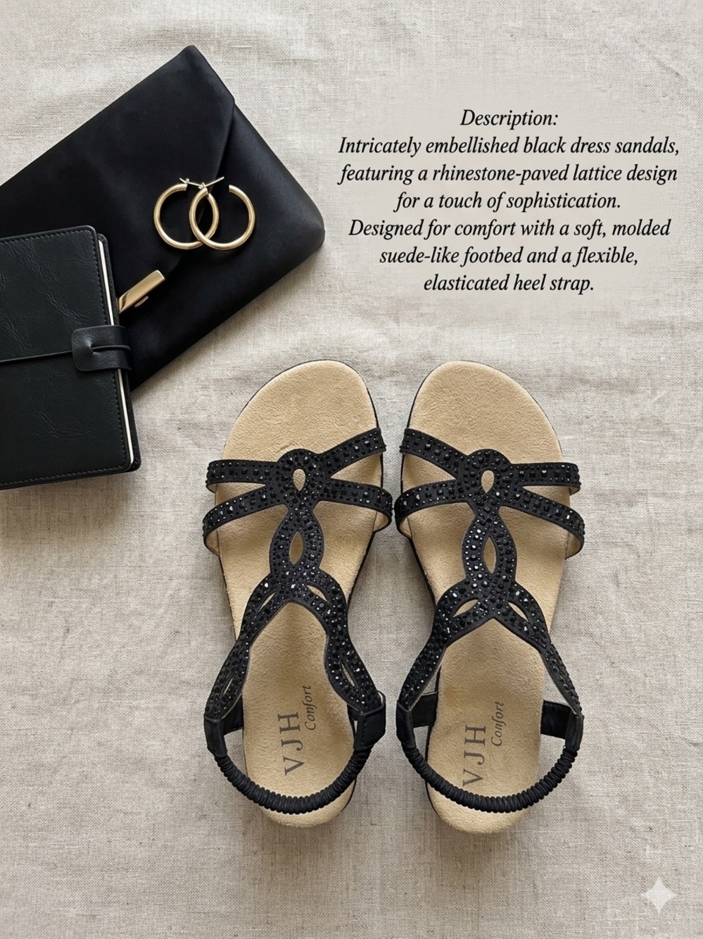 VJH Confort Black Rhinestone Lattice Sandals